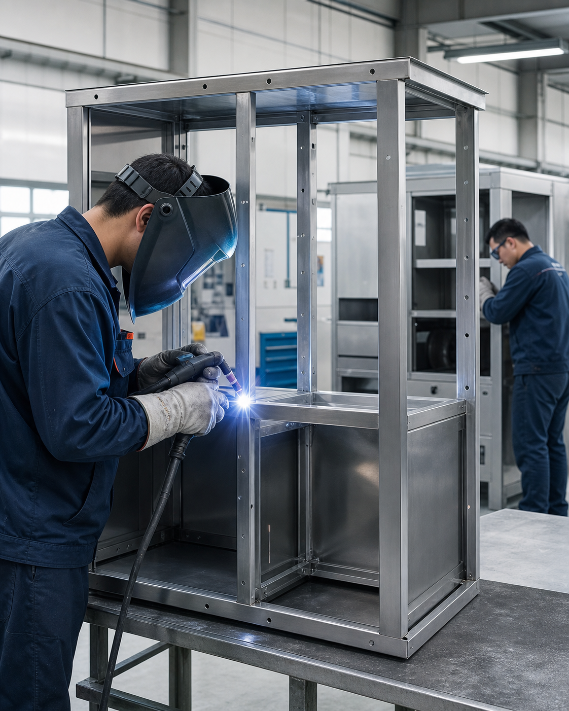 Technicians manufacturing full-steel laboratory furniture